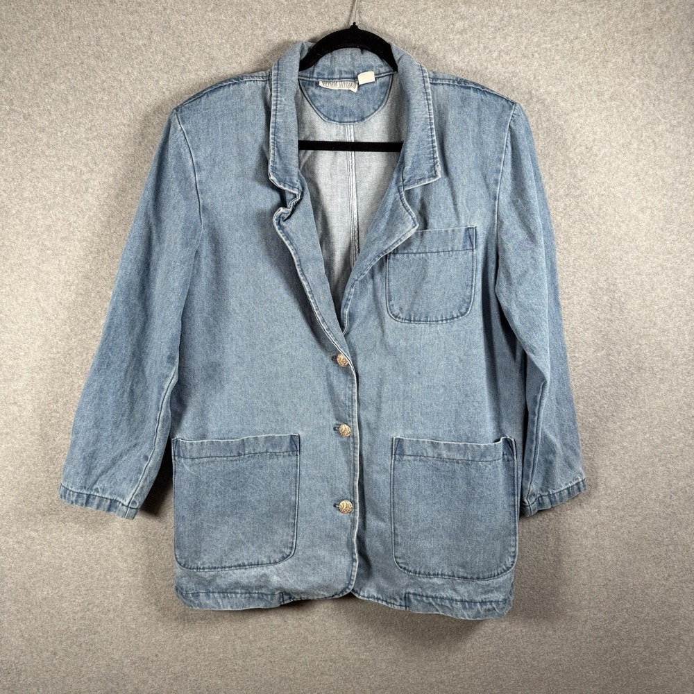 Vintage Denim Blazer Jacket Womens Large Denim Gotcha Covered Button Front 90s